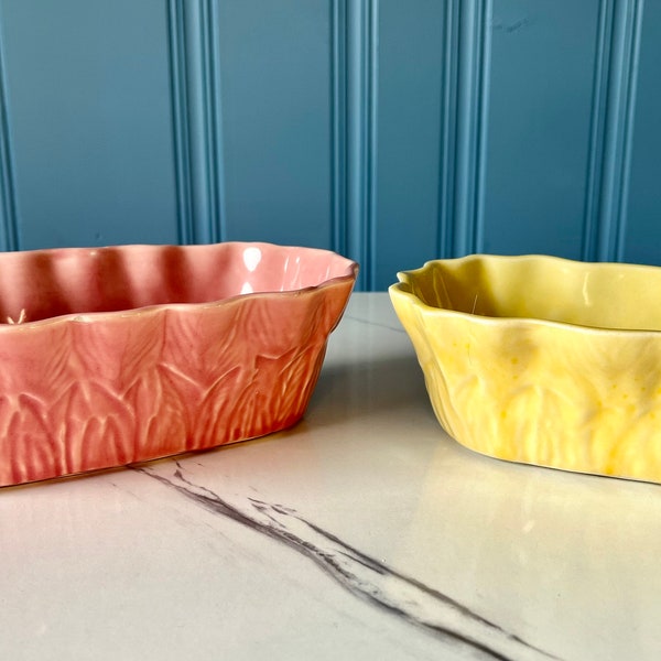 VINTAGE | Pair of UPCO Ungemach Pottery Oval Planters | Pink and Yellow | USA | 8" L & 6.5" L