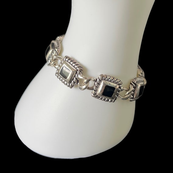 Bracelet Vintage Art Nouveau En Argent Massif Avec Pierre Noire - Bijou Ancien Et Unique