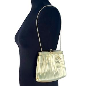 VINTAGE | HL USA | Harry Levine Elegant Gold Lame Evening Bag Purse | Chain Strap | Rhinestone Bow | 7.5&quot; W