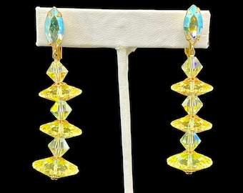 VINTAGE | Iridescent Yellow Crystal Glass Bead Drop Dangle Earrings | Clip On | Chandelier Style | 2.5" L