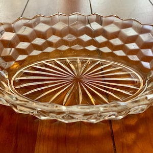 VINTAGE | Fostoria American Clear Oval Serving Vegetable Bowl | Cubist Pattern | 9&quot;L x 6.5&quot; W x 2&quot; H