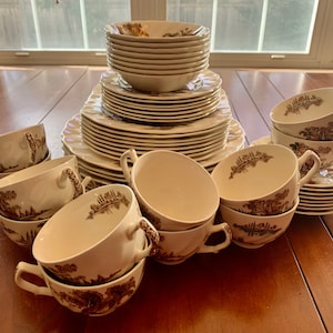 May include: A vintage set of brown and white teacups and saucers with a floral pattern. The set includes a stack of plates and a stack of cups.