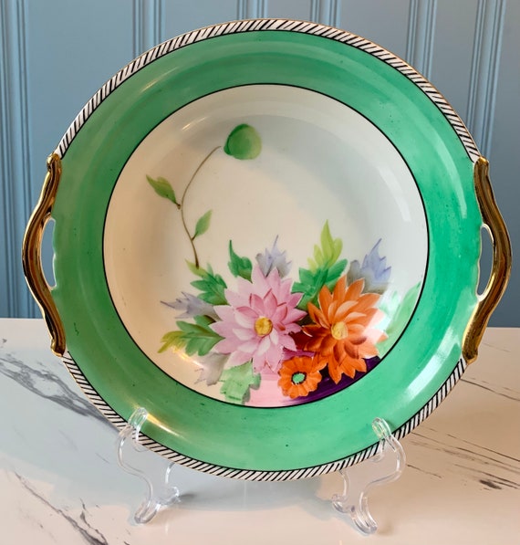Vintage Noritake Floral Bowls: Hand-painted, Gold Handles, Set of