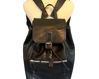 VINTAGE | Large Coach 5408 Black Leather Travel Backpack | Drawstring / Buckle Flap | Nickel Hardware | Made in 2000