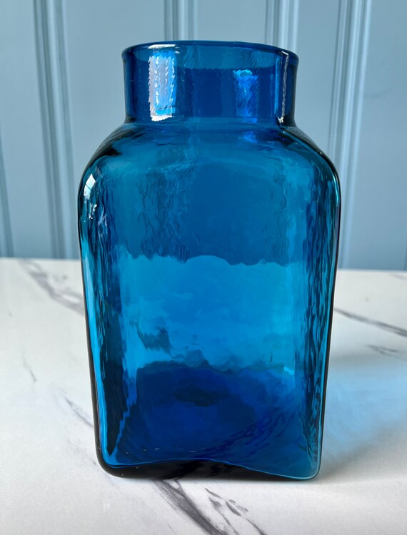 VINTAGE Cobalt Blue Square Vase Hand Blown Glass Round Etsy
