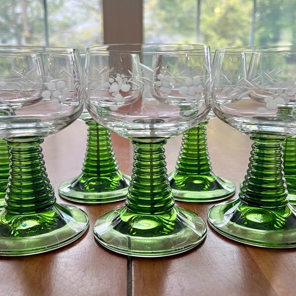 VINTAGE | Roemer Germany Crystal Wine Glasses | Set of 7 | Etched Grape Leaf Pattern  | Green Beehive Stem | 4 oz