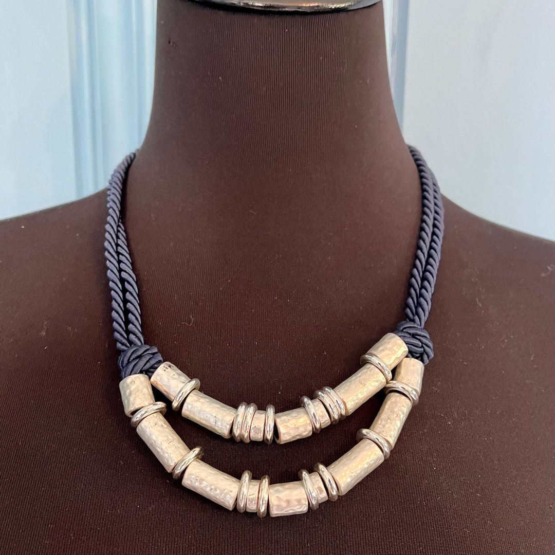 VINTAGE | Chico's Navy Blue Rope Necklace | Silver Tone Cylindrical ...