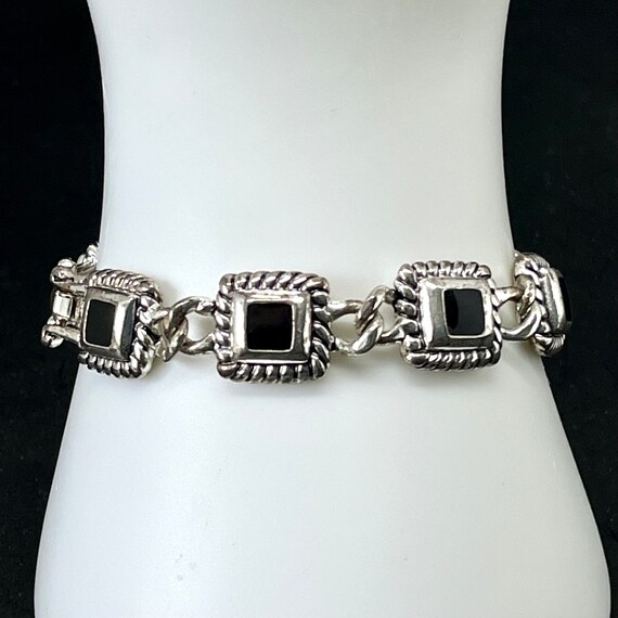 Bracelet Ancien Art Nouveau En Argent Massif (sterling) Avec Pierre Noire - Occasion Vintage