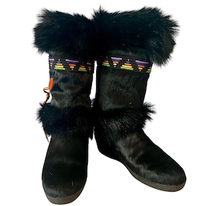 VINTAGE | 1990s Tecnica Skandia Black Goat Fur Boots | Shearling Wool Lining | Multicolor Accents | EU 42 US 11.5/12