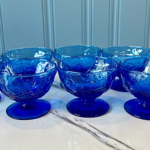 VINTAGE | RARE Set of 8 Morgantown Crinkle Dark Blue Cobalt Tall Sherbets | Champagne Stemware | 7 oz | 2.75&quot; T