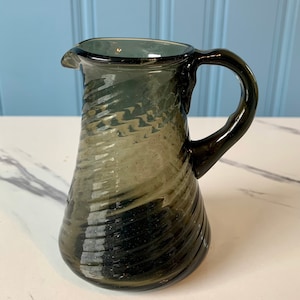VINTAGE | Gray Swirl Art Glass Pitcher | Applied Handle | Hand Blown | Air Bubbles | Pontil | 4.5&quot; T
