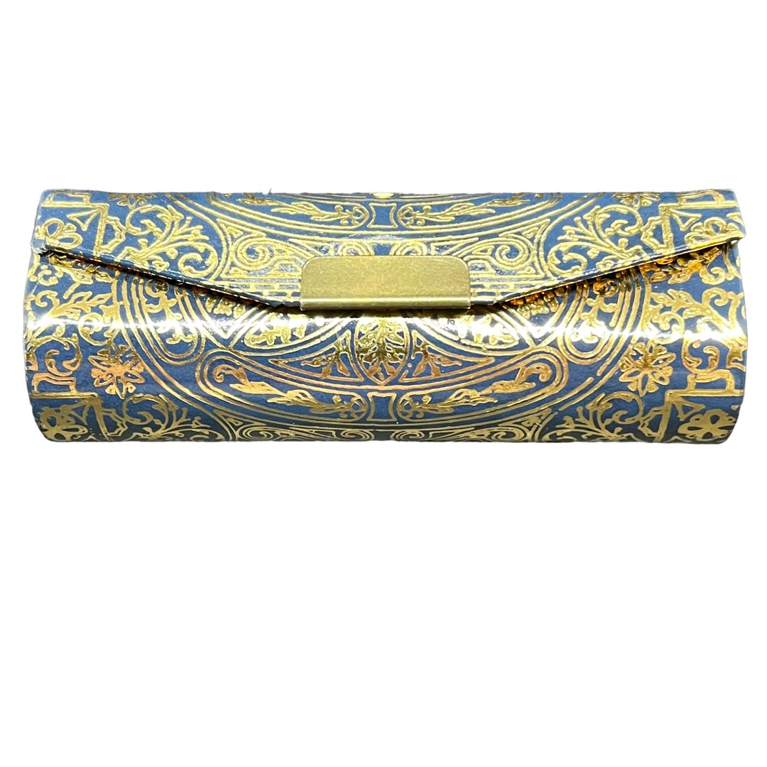 VINTAGE Ornate Lipstick Case With Mirror Blue Gold Design Etsy