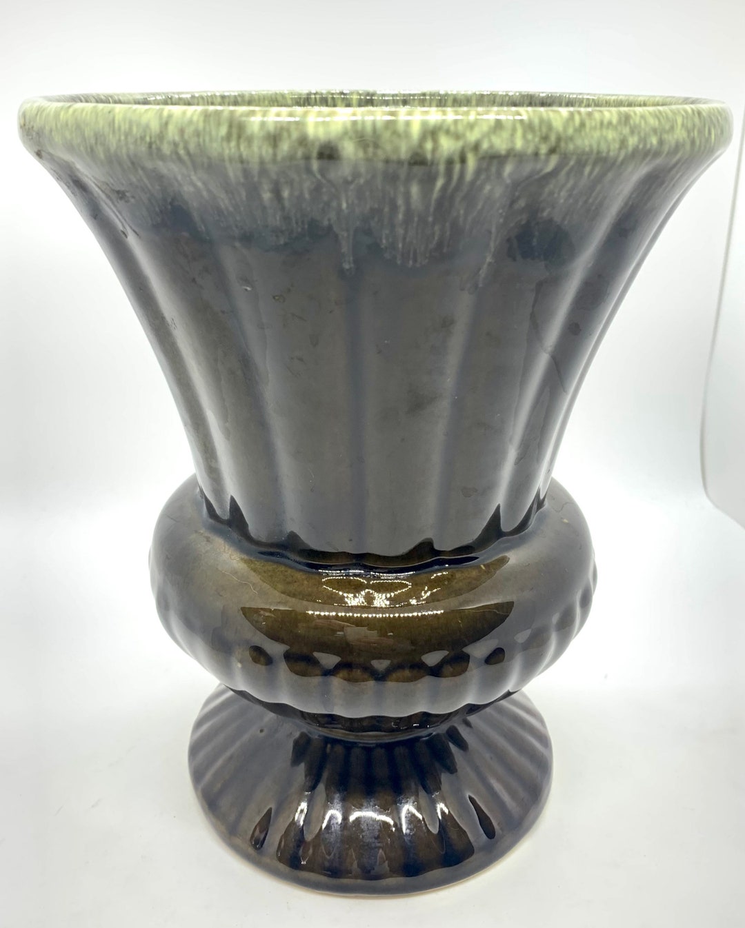 Vintage HULL Pottery Pedestal Urn Vase F31 Green Drip Glaze Etsy