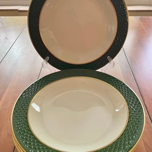 VINTAGE | Jackson Custom China Salad or Soup Bowls | Set of 4 | Green Textured Band | Gold Trim | Restaurant Ware | 9.25&quot; D
