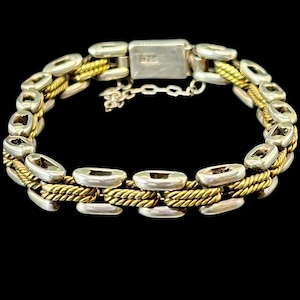VINTAGE | Sterling Silver 925 and Brass Brick Link Bracelet | Brick Link | Safety Chain | Mexico  | Unisex | 7.5&quot; L