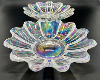 VINTAGE | Federal Glass Celestial Iridescent Bowls | Trinket Dish | Candleholder | Set of 2 | 6" D