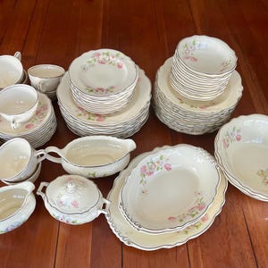 Vintage Homer Laughlin Fluffy Virginia Rose servis, platinadetaljer, 1030-talet, olika delar ditt val