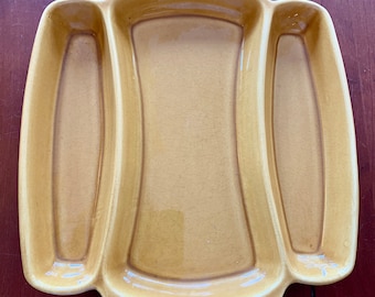 Vintage Harvest Gold Pottery Relish Tray: Divided Snack Dish