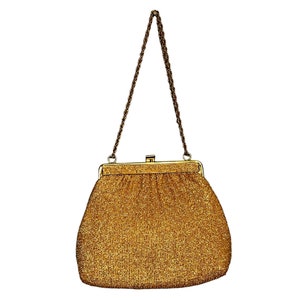 Sac de soirée doré Harry Levine vintage : tissu scintillant et bandoulière en chaîne