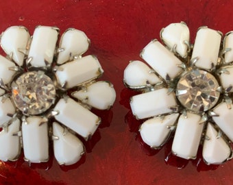 VINTAGE | 1940s Weiss Clip-On Earrings | Milk Glass | Rhinestone | Prong Set | Silvertone | Flower Design | 1 1/8&quot;