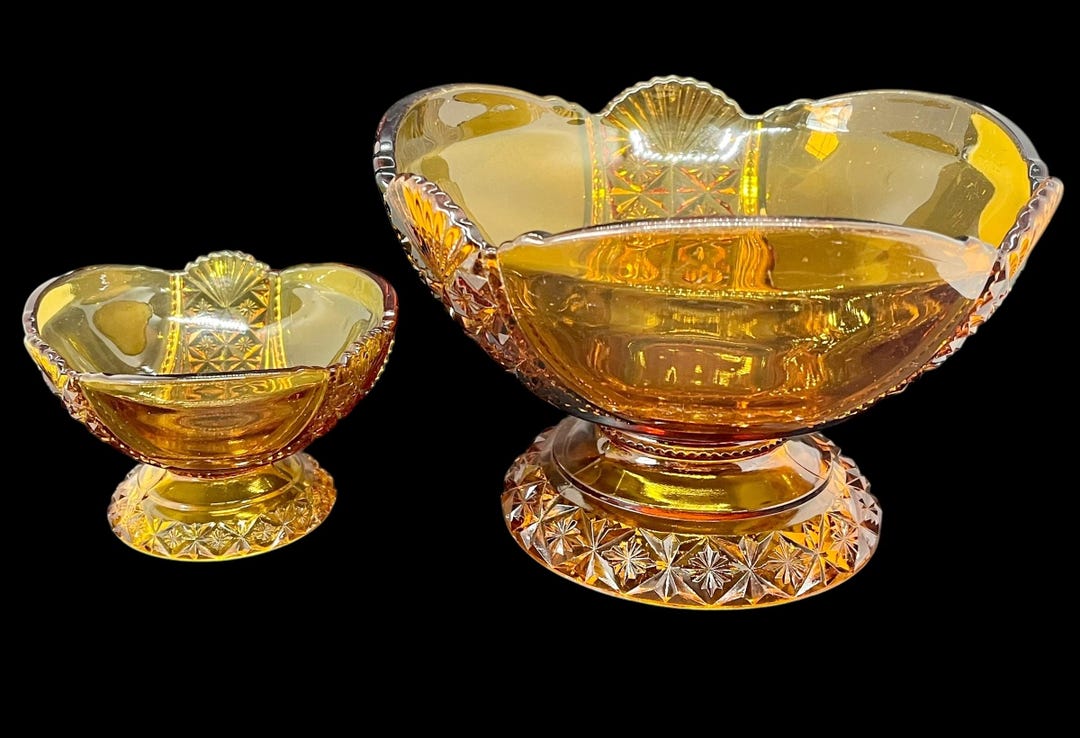 Antique Amber Glass Berry Bowl Set: EAPG Daisy Button, Richards