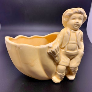 VINTAGE | Yellow McCoy Figural Pottery Planter | Boy w Hat & Broom | Shell Shape | 6&quot; L