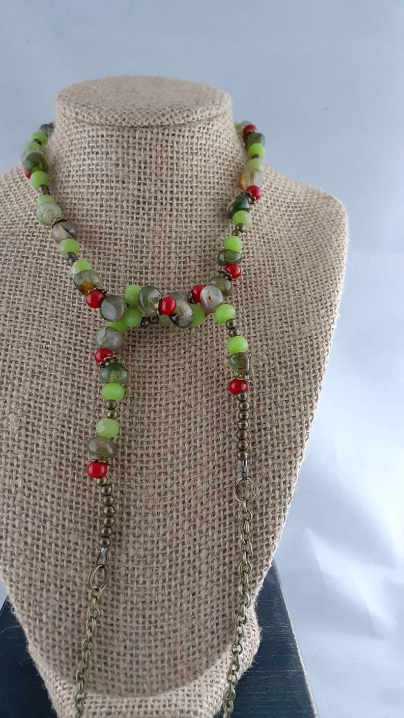 Evergreen Agate Pebble /& Holly Berry Lariat w Earrings