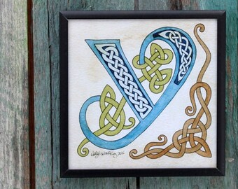 Letter N on Black Cord Handmade Celtic Initial Round Porcelain Pendant