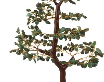 May include: A green gemstone tree with a brown wooden base. The tree is made of wire and small green stones. The base is a small log with a rough texture.