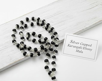 Karungali Mala: Ebony Beads with Pure Silver Caps (8mm, 54+1 Beads)