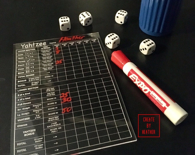 Dry Erase Clear Acrylic Yahtzee Reusable Score Sheet, Game Night, Dice
