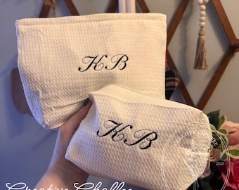 Monogrammed Waffle Makeup Bag Set (2-Piece) | Personalized Travel Pouch | Cosmetic & Toiletry Organizer | Bridesmaid Gift