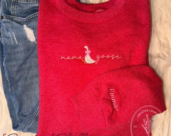 Mama Goose Embroidered Crewneck: Custom Bow & Sleeve Name