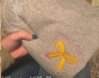 Personalized Teacher Sweatshirt | Embroidered Pencil Bow, Custom Name