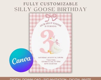 Silly Goose Birthday Invitation, Pink Gingham, Canva Template (Digital Download)