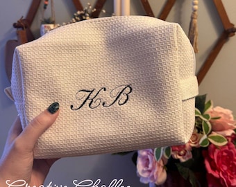 Monogrammed Cotton Waffle Makeup Bag | Personalized Cosmetic Pouch