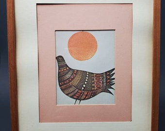 1960s rePrint Pigeon Abstract Paloma by Marie Bernard in teak wood frame with glass front Renaissance Watercolor Painting