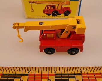Matchbox Lesney Product number 42, Iron Fairy Crane, 1960s Matchbox Made in England, Red and Orange Construction Toy Car