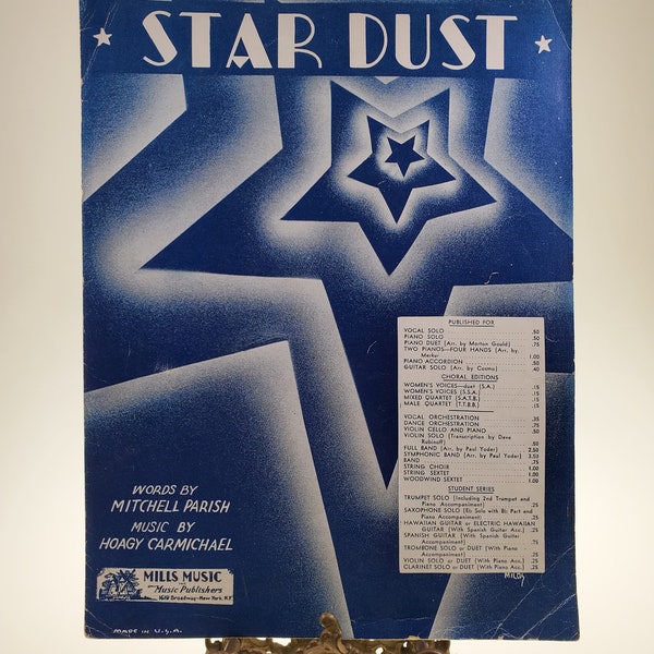 1929 Star Dust Vocal Sheet Music words by Mitchell Parish Music by Hoagy Carmichael published by Mills Music Inc