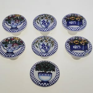 Seven in Quantity 1 1/2&quot; Diameter Blue & White Ceramic with Floral Houseplants Drawer Knobs Ceramic Pulls Handles