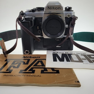 1985 Nikon FA 35mm Film Camera Body with MD-15 Motor Drive and Nikon Neck Strap Made in Japan