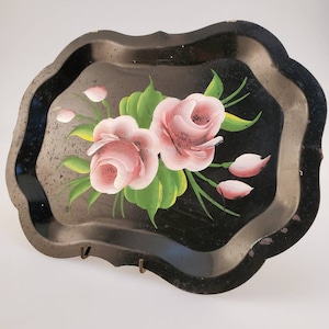 1950&#39;s Pink Rose Stamped Steel Tray, Floral Steel Tray