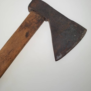 Rare Primitive Iron 1700&#39;s Hand Forged Homestead Axe on Hand Hewn Two Handed Handle