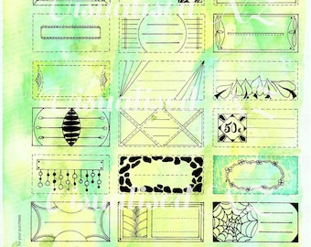 Etiquetas dibujadas a mano y en acuarela