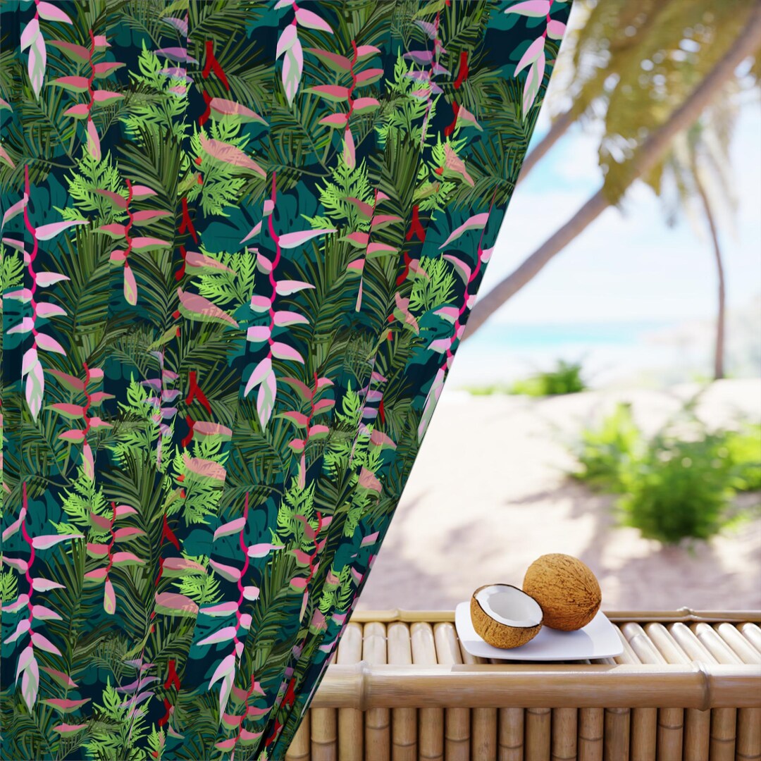 Hawainn Pattern Window Tropical Curtains, Palm Leaf Window Drapes, Botanical Green and Pink ...