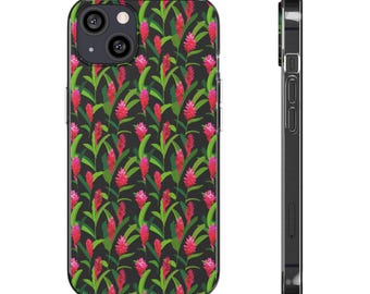 Silicone Phone Case, Red Ginger Flowers Design, Floral Phone Cover, Flexible Protective Case, Clear Slim Case, Custom Phone Accessories