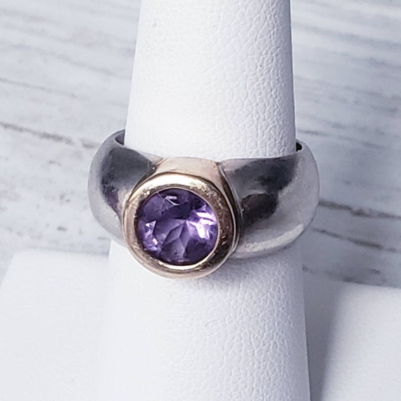 VINTAGE Sterling Silver Amethyst Ring With 14k Gold Bezel