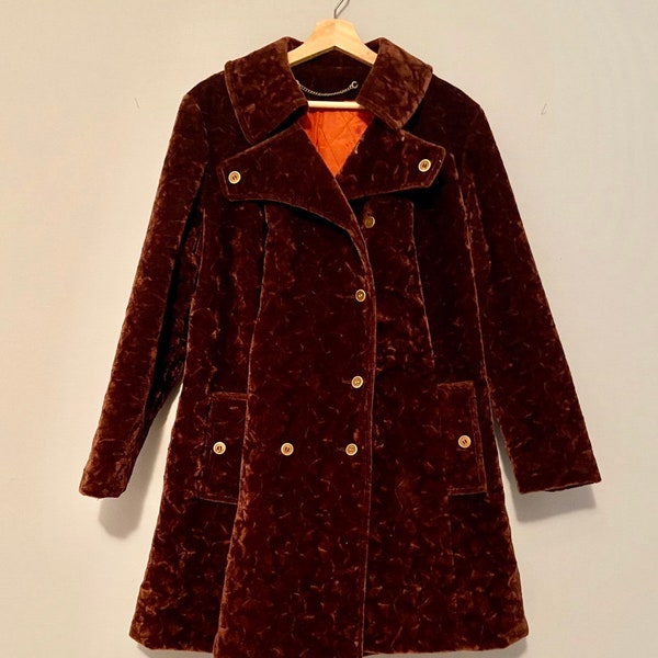 Very Rare Vintage Velvet Coat - Pristine Condition Medium Large Dark Brown with Orange Quilted Lining Mod 60s 70s Style Gorgeous