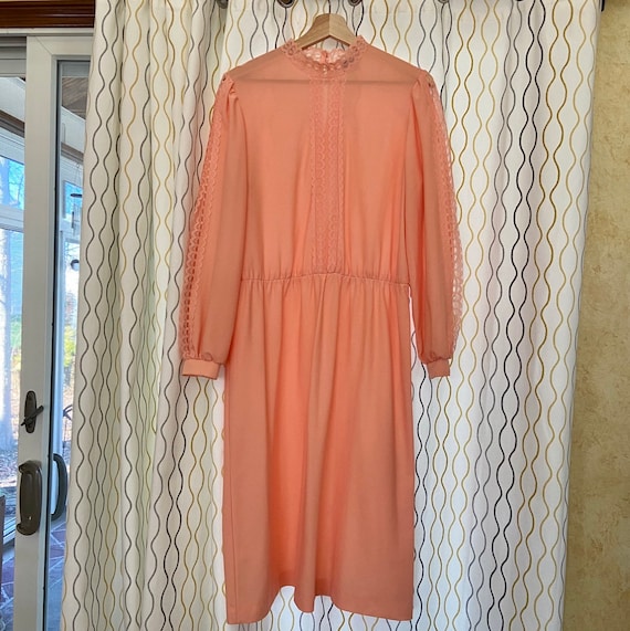 JC Penney Vintage 70s 80s Dress - Pink Coral with… - image 1