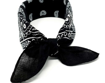 Fitted Bandana Headscarf Scarf White Black Paisley Square One Size Easy tie 